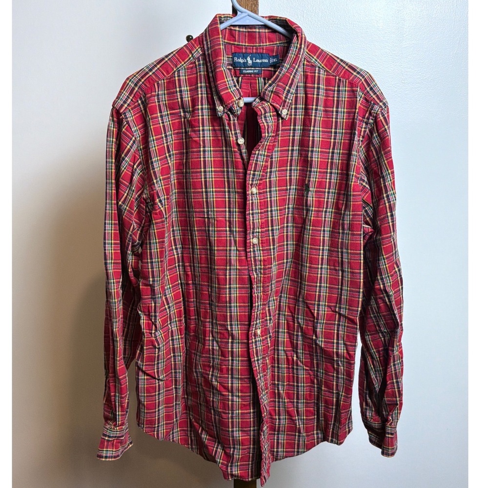 Ralph Lauren Men XL Red Plaid Classic Fit Button Down Shirt LS GRN Pony Heritage